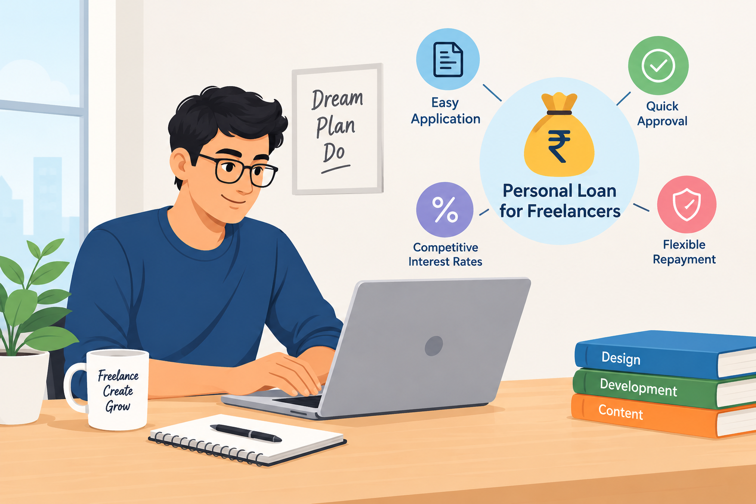Personal loan for freelancers in India, featuring a freelancer working on a laptop with illustrations highlighting easy application, competitive interest rates, quick approval, and flexible repayment options.